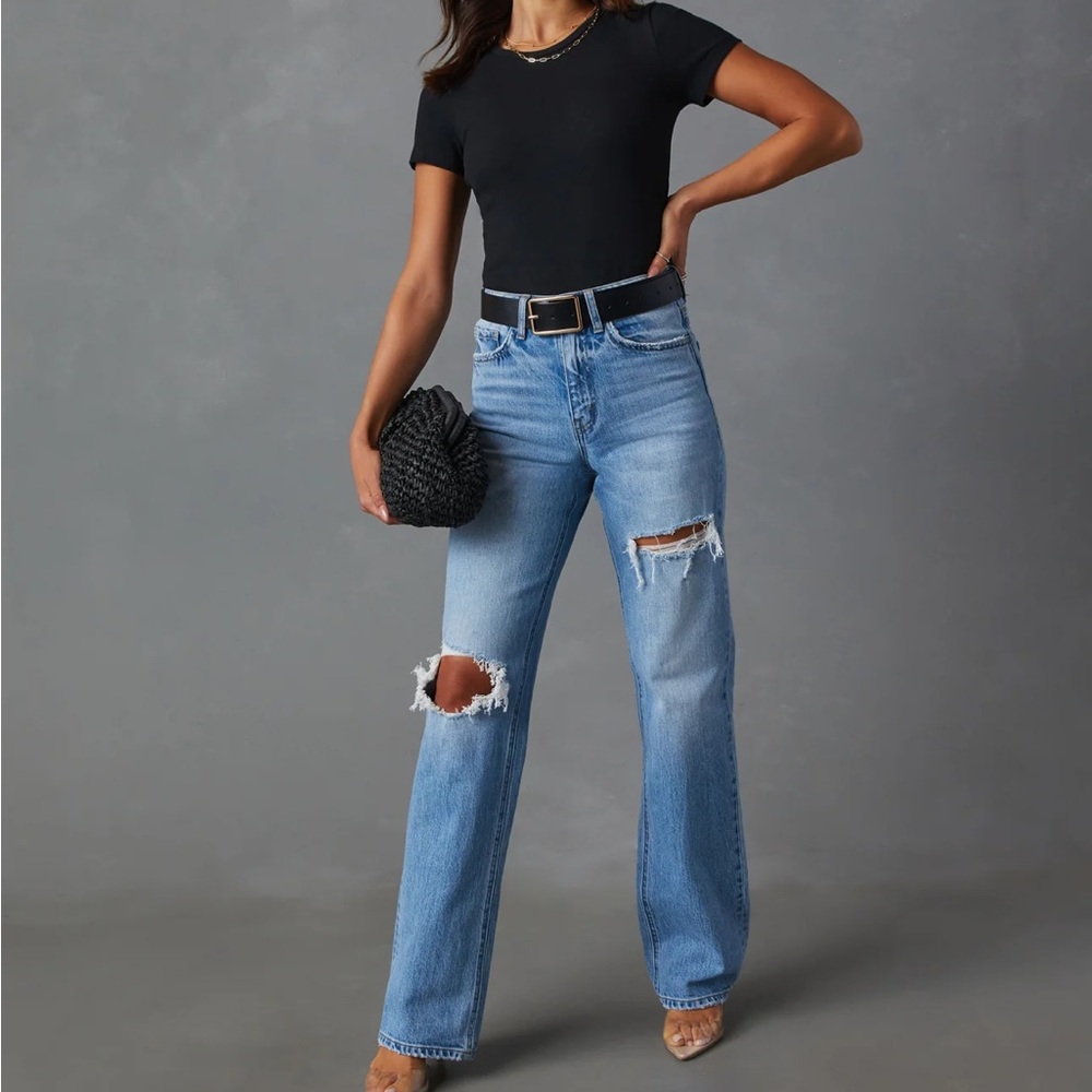 Reformation Stylish Blue Ripped Straight Leg Jeans